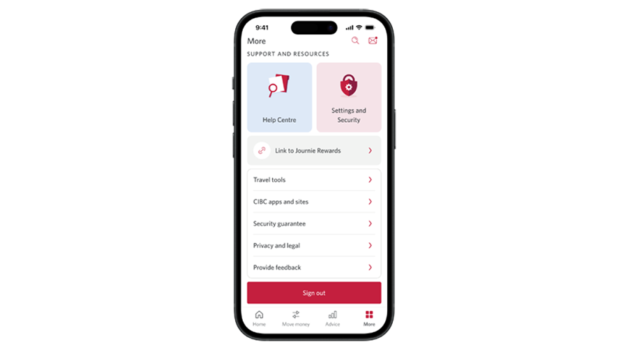 Phone screen displaying “Settings and Security” option on the “More” page.