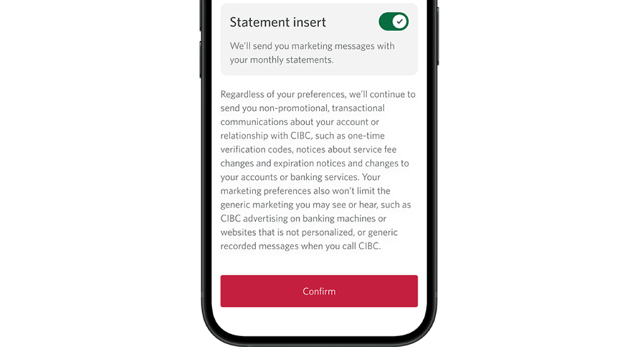 Phone screen showing “Confirm” button on the “Marketing Preferences” page.