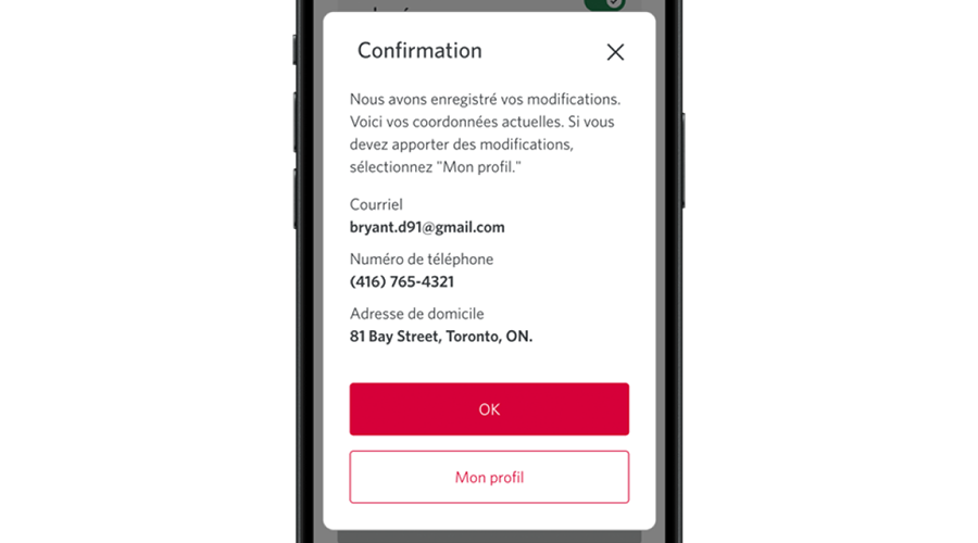 Téléphone affichant la page de confirmation avec l’option de passer en revue les coordonnées et de sélectionner « OK » ou « Mon profil ».