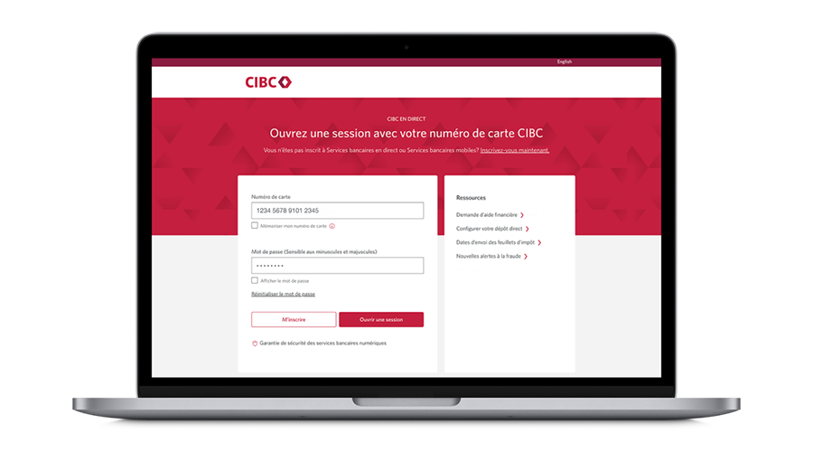 Ordinateur portatif affichant la page d’ouverture de session de Services bancaires CIBC en direct.