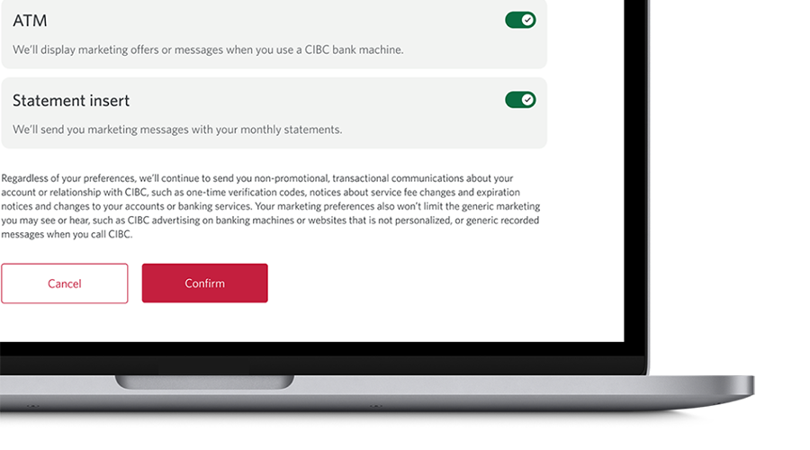 Laptop screen showing “Confirm” button on the “Marketing Preferences” page.