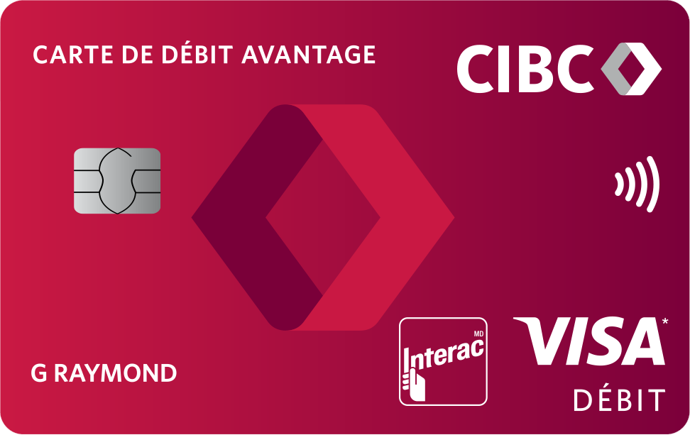 Une carte de débit Avantage CIBC portant les logos Interac et Visa Débit.